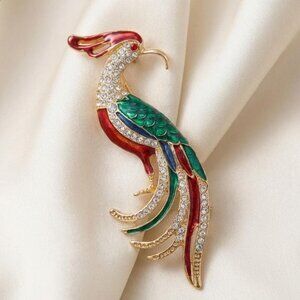 Bird of Paradise Brooch Red Green Enamel Rhinestone 4.25 Inch